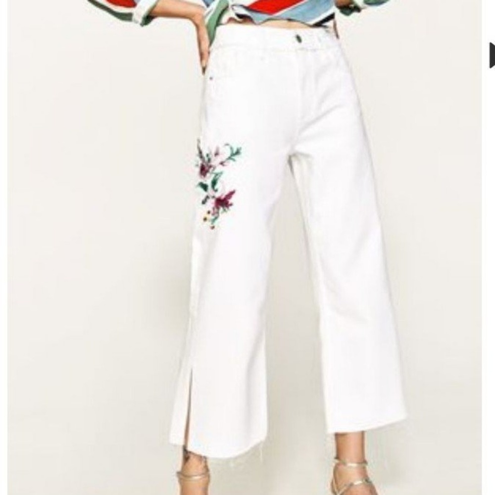Zara White Wide Leg Crop Denim Floral Embroidery